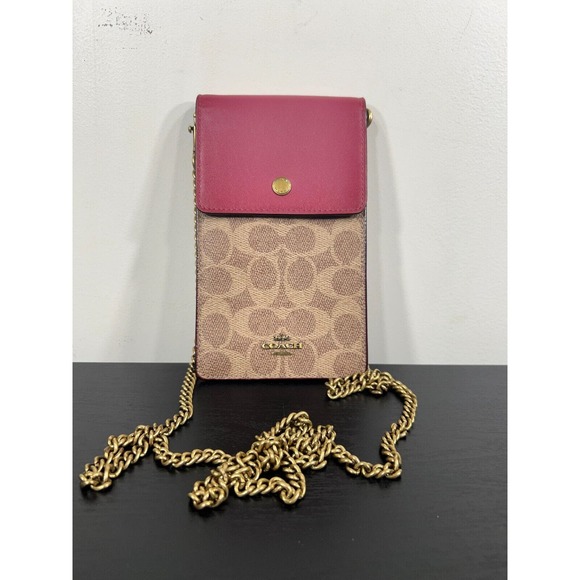 Coach Snap Phone Crossbody Signature Coated Canvas Leather 76357 Red Chain Strap - Picture 2 of 12